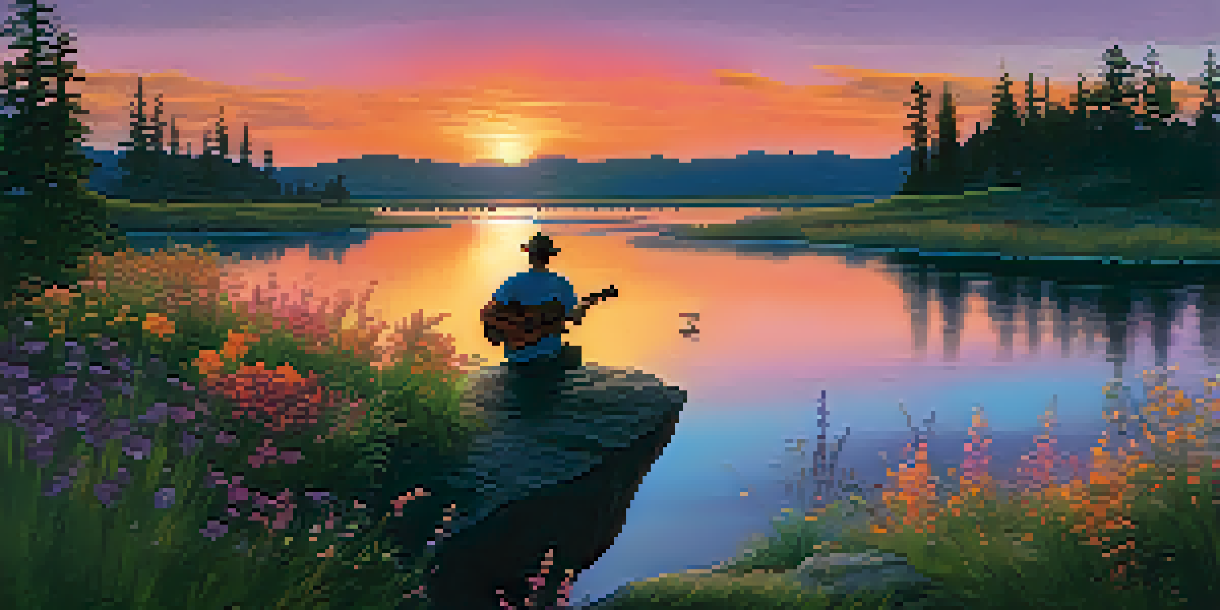 A beautiful sunset over a calm lake with colorful reflections, wildflowers in the foreground, and a silhouette of a musician playing guitar.