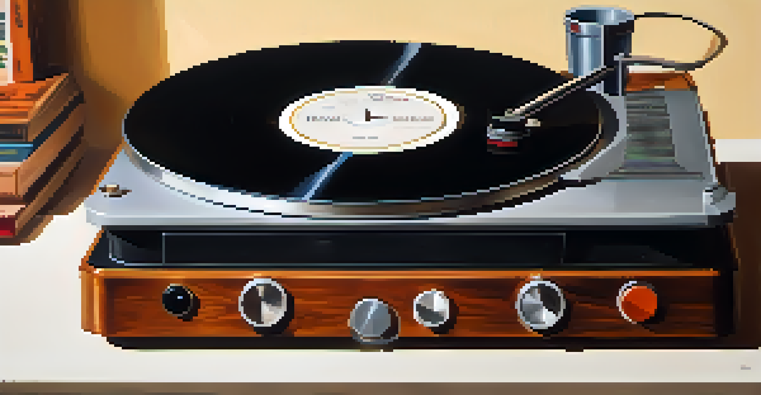 A vintage record player with a vinyl record spinning, surrounded by old photographs and a cup of coffee, evoking nostalgia.