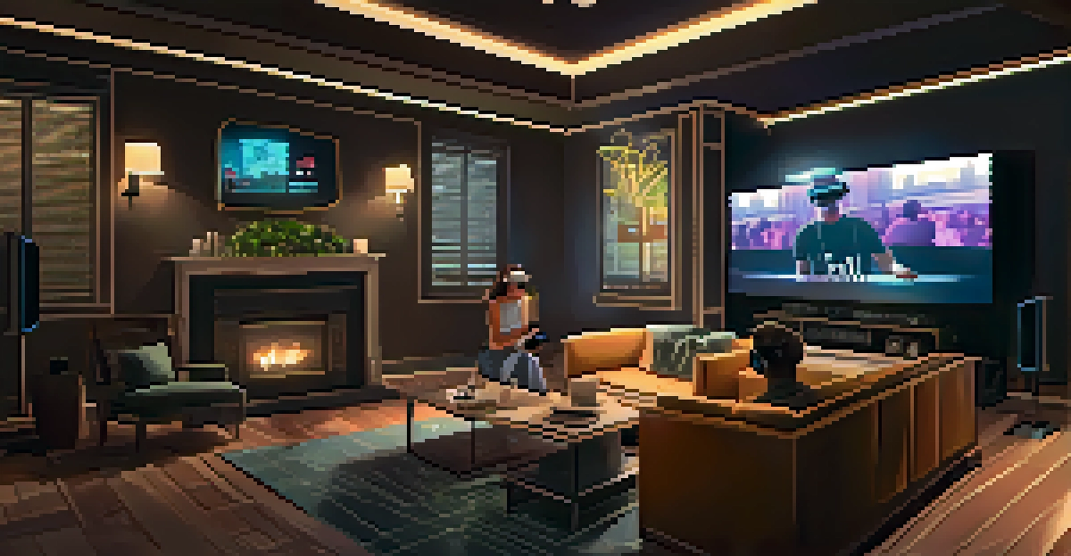 A fan enjoying a virtual reality concert in a cozy living room, wearing a VR headset and surrounded by music equipment.