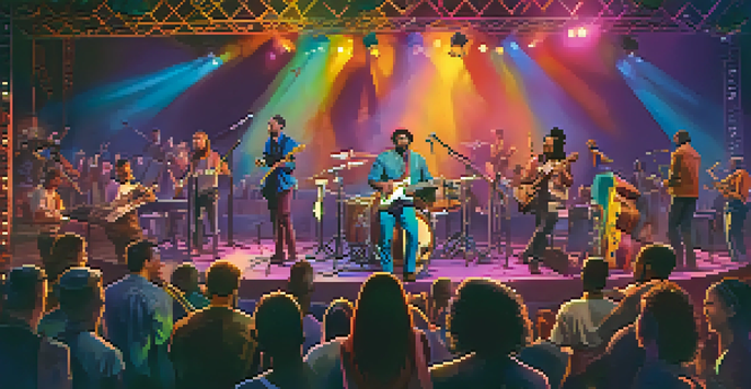 A lively concert with musicians on stage, colorful lights, and an engaged audience.
