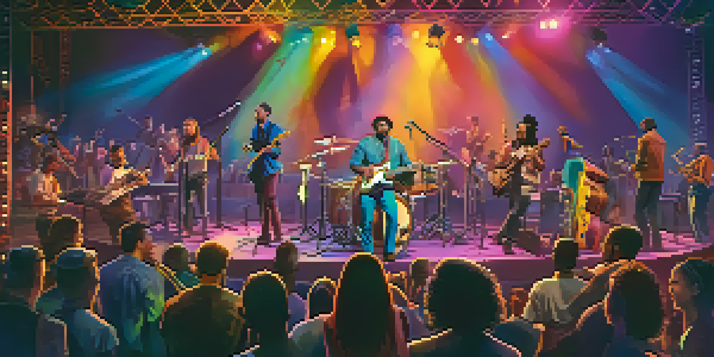 A lively concert with musicians on stage, colorful lights, and an engaged audience.