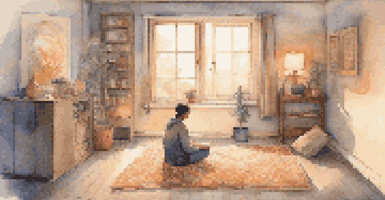 A person practicing mindful listening in a cozy, dimly-lit room, surrounded by soft pillows and gentle light.