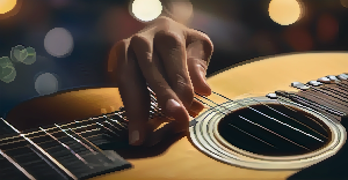 A close-up image of a musician tuning a guitar, highlighting the vibrating strings and warm background lights.