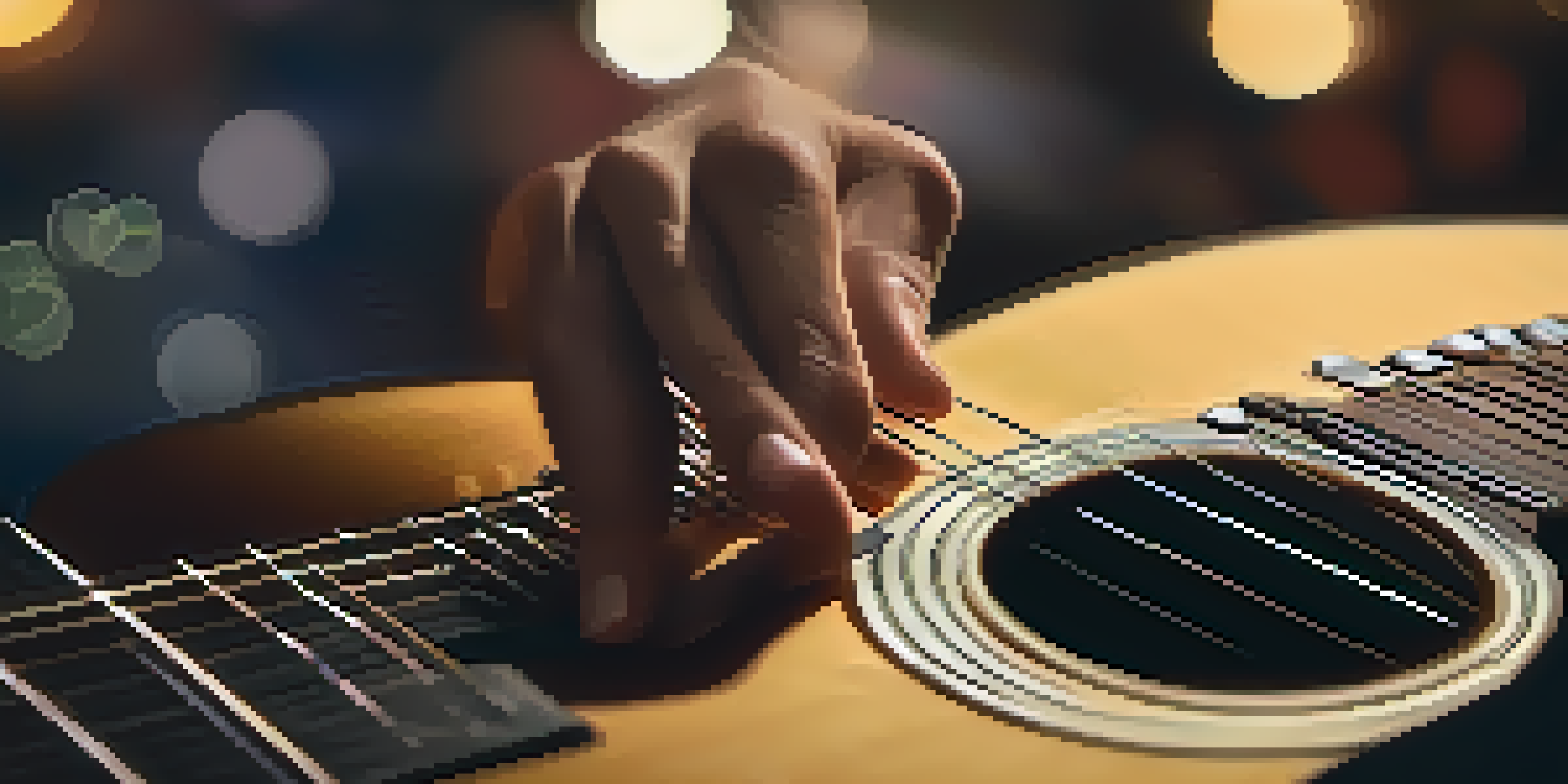 A close-up image of a musician tuning a guitar, highlighting the vibrating strings and warm background lights.