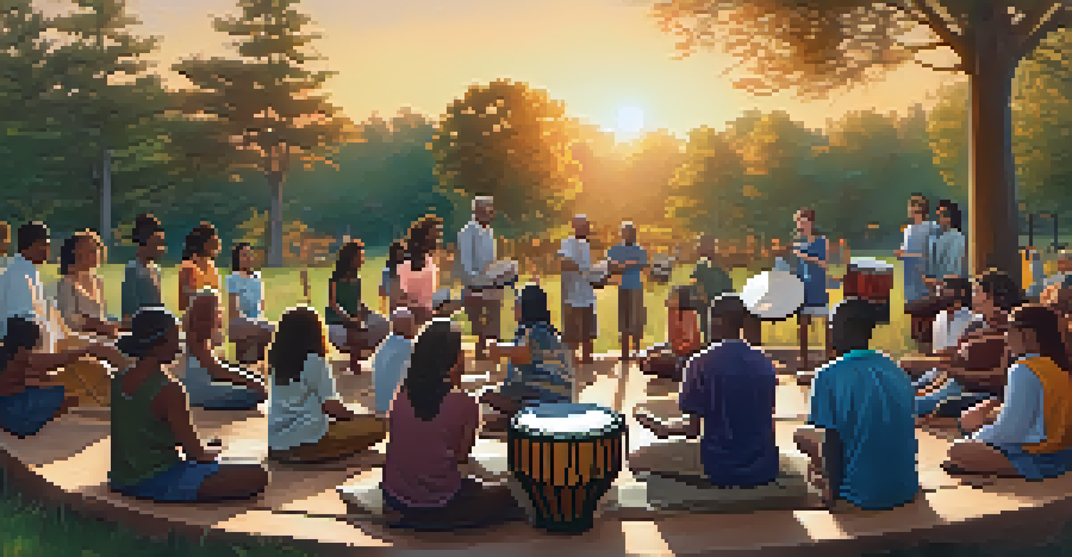 A peaceful outdoor drum circle at sunset, with participants of all ages playing instruments and enjoying the moment together.