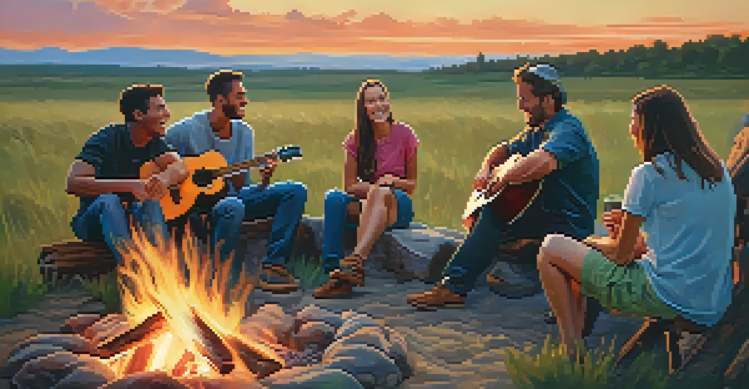A group of friends gathered around a campfire at sunset, one person playing guitar, with warm firelight and colorful sky.