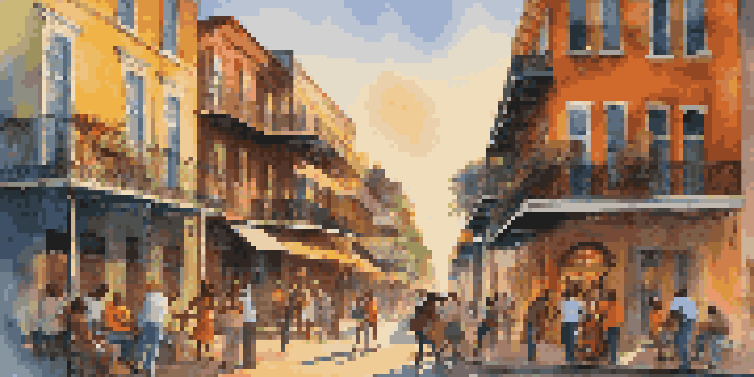 A lively street scene featuring jazz musicians in New Orleans, with colorful buildings and street art, illuminated by warm golden hour sunlight.