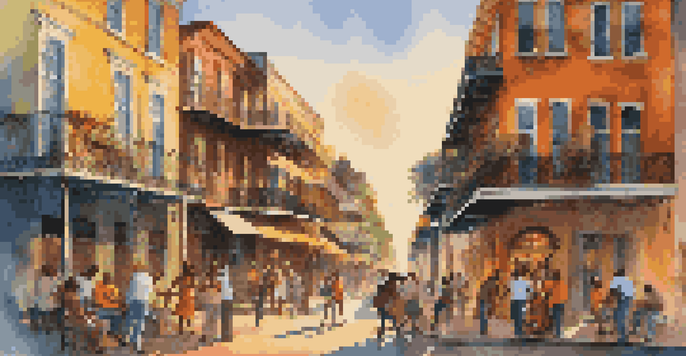 A lively street scene featuring jazz musicians in New Orleans, with colorful buildings and street art, illuminated by warm golden hour sunlight.