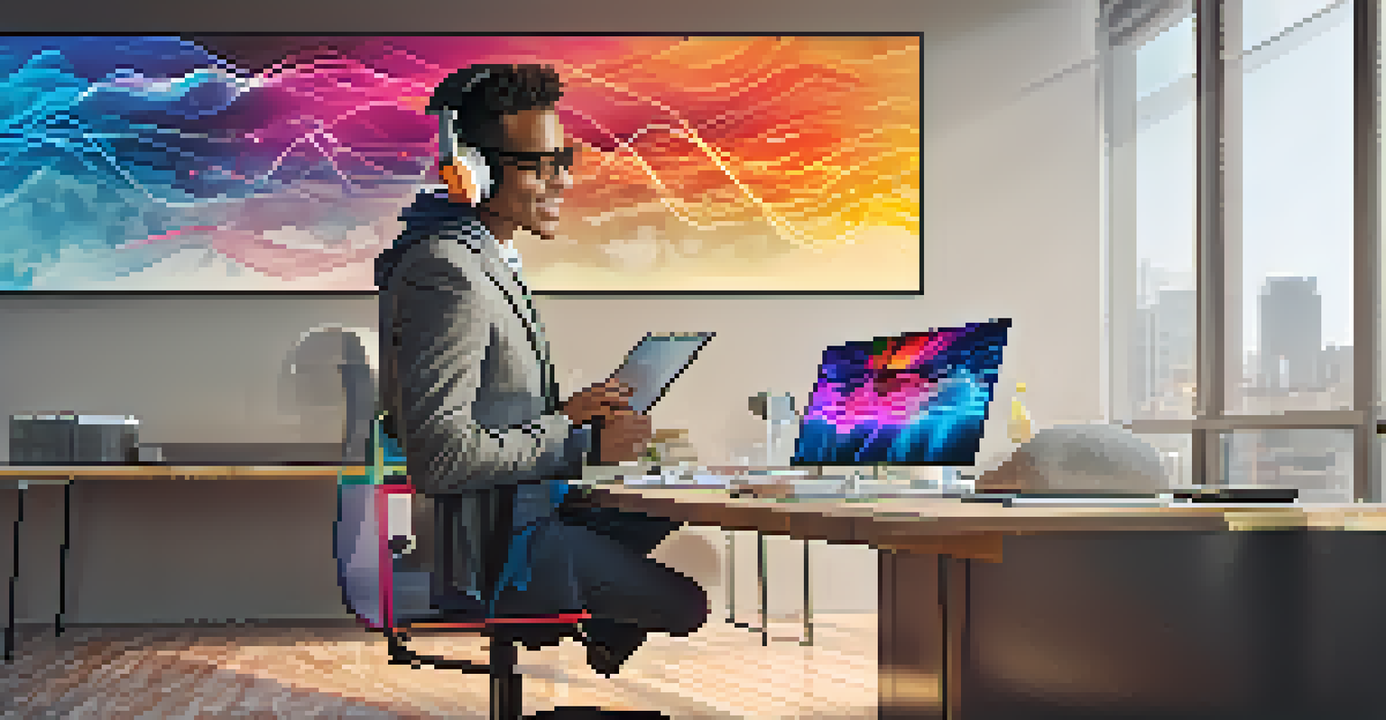 A professional in an office using headphones and sound editing software.