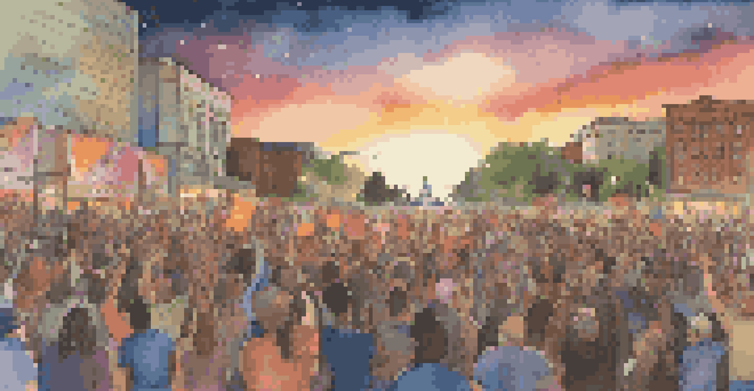 A political rally with a diverse crowd holding signs, a band playing on stage, and colorful lights illuminating the scene during sunset.