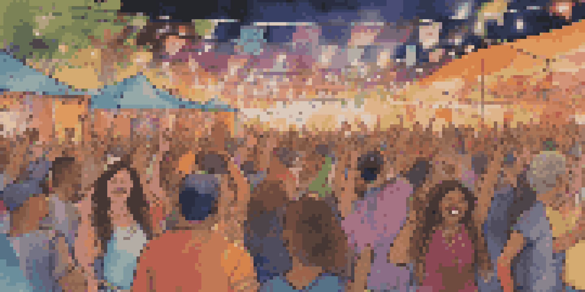 A lively music festival with a diverse group of people dancing and enjoying live music, with colorful lights and banners promoting social causes.