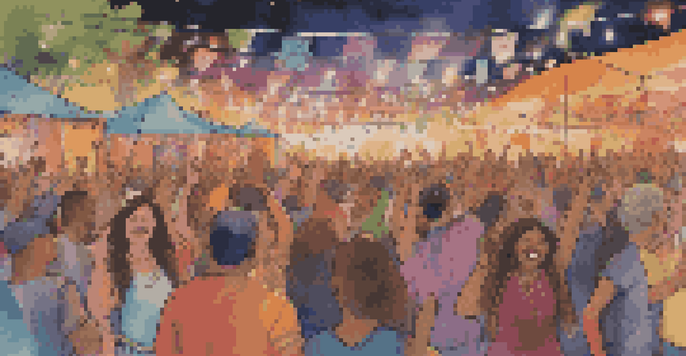 A lively music festival with a diverse group of people dancing and enjoying live music, with colorful lights and banners promoting social causes.