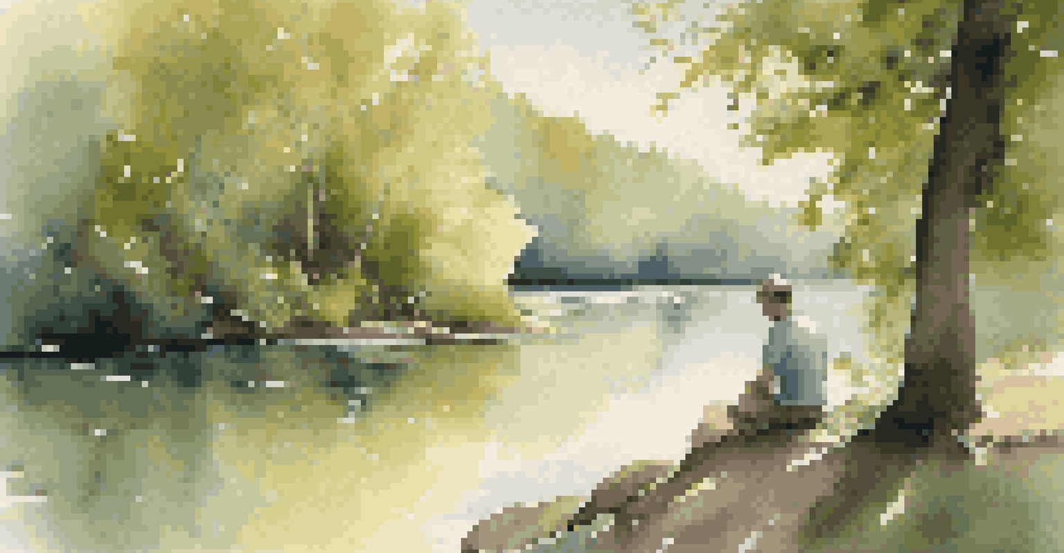 A contestant reflecting by a calm river in a nature-themed reality show, surrounded by greenery and dappled sunlight.