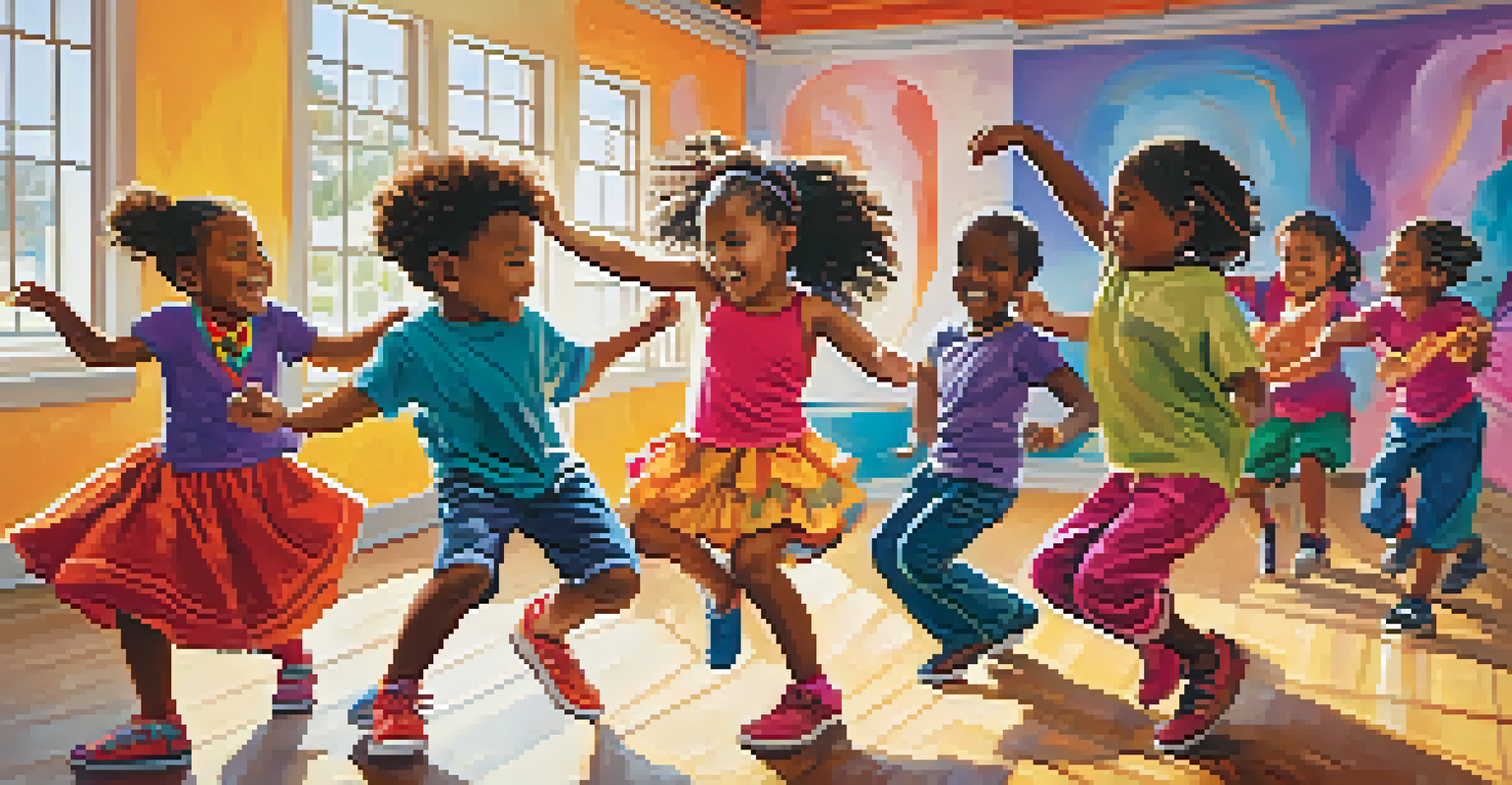 Diverse children dancing joyfully in a music class, holding colorful scarves and surrounded by cultural art on the walls.