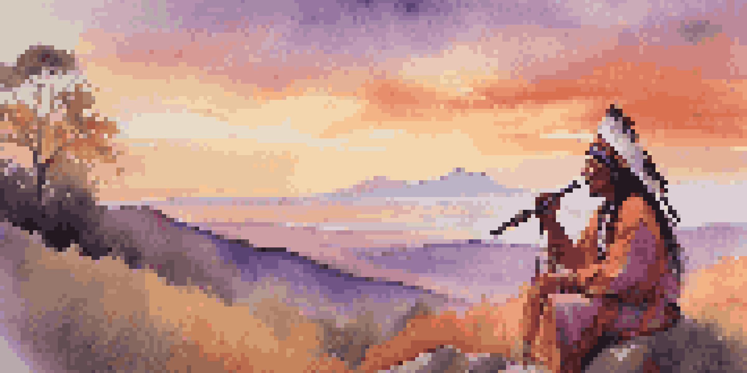A Native American flute player stands on a hill during sunset, surrounded by nature, playing the flute.