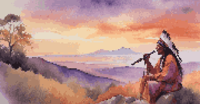 A Native American flute player stands on a hill during sunset, surrounded by nature, playing the flute.