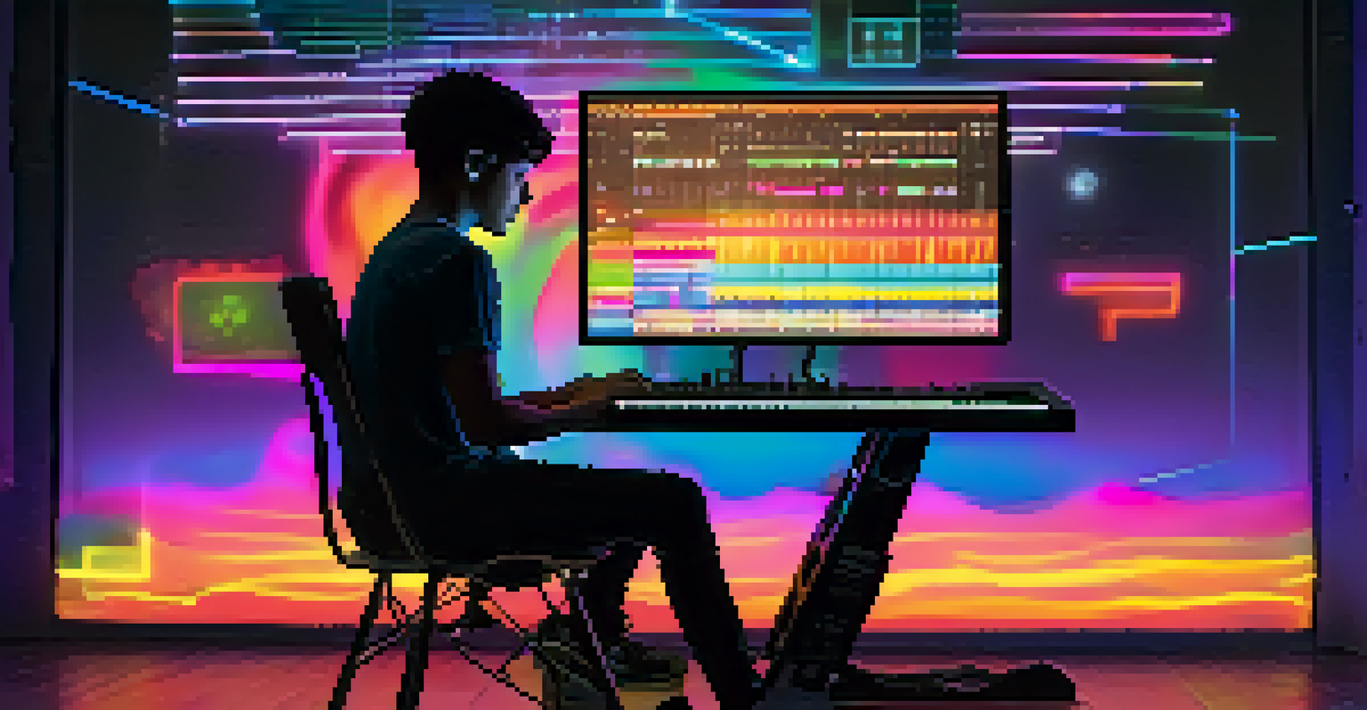 A young musician at a computer, creating music with coding, illuminated by colorful LED lights in a cozy room.