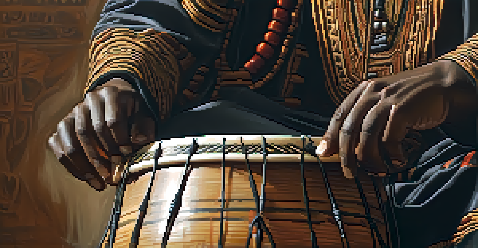 A close-up image of a musician playing a traditional African drum, highlighting the intricate carvings and the motion of the musician's hands.