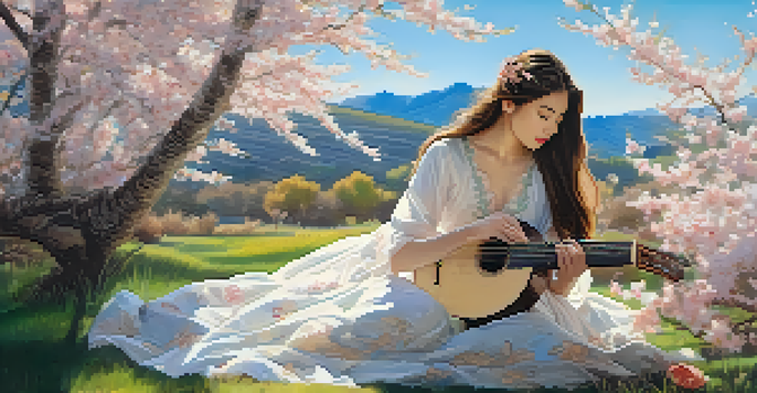 A woman playing a lute under a cherry tree with pink blossoms, wearing a flowing white gown under soft sunlight.
