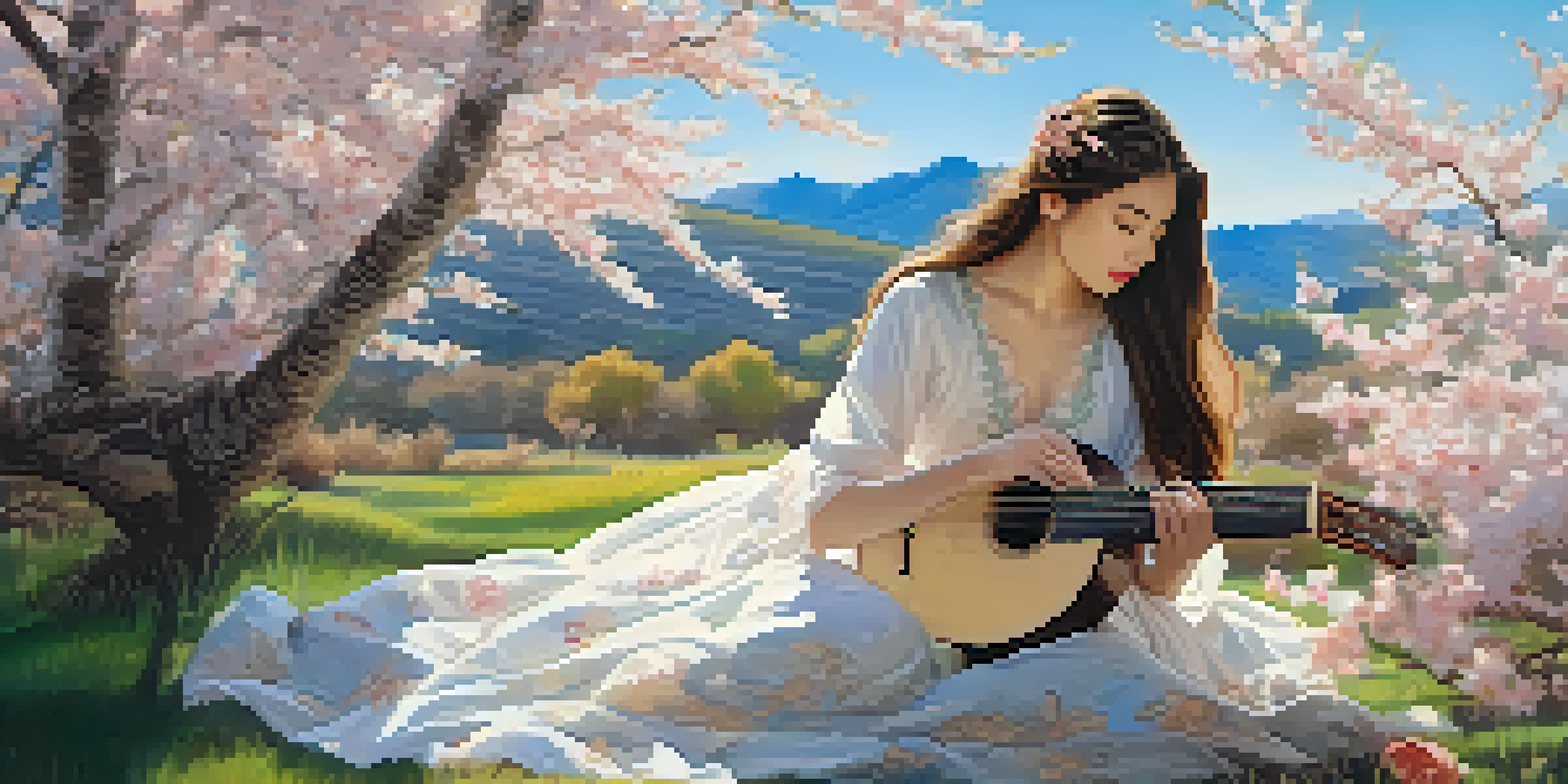 A woman playing a lute under a cherry tree with pink blossoms, wearing a flowing white gown under soft sunlight.