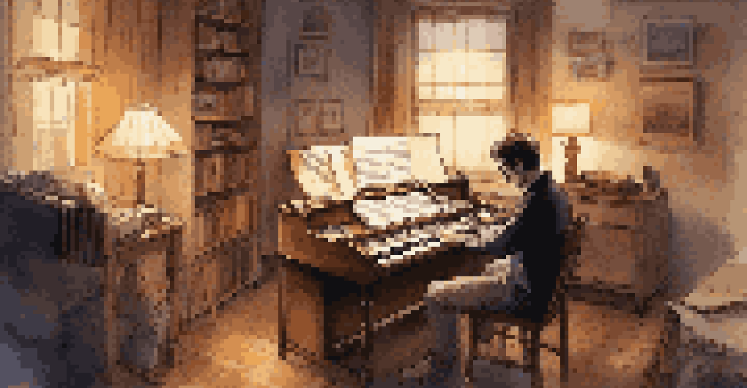 A composer at a desk with sheet music and instruments, working on a film score in a dimly lit room.
