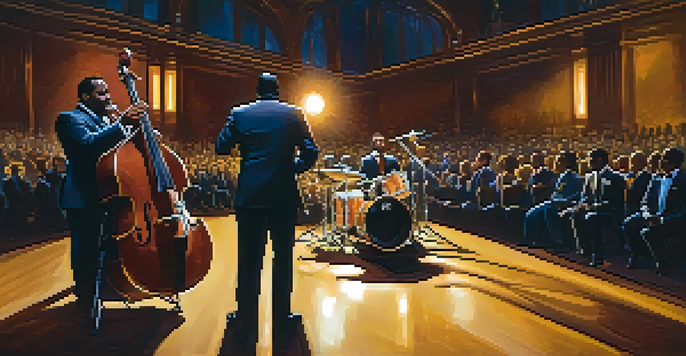 A jazz band performing on stage with a saxophonist and drummer, illuminated by warm stage lights.