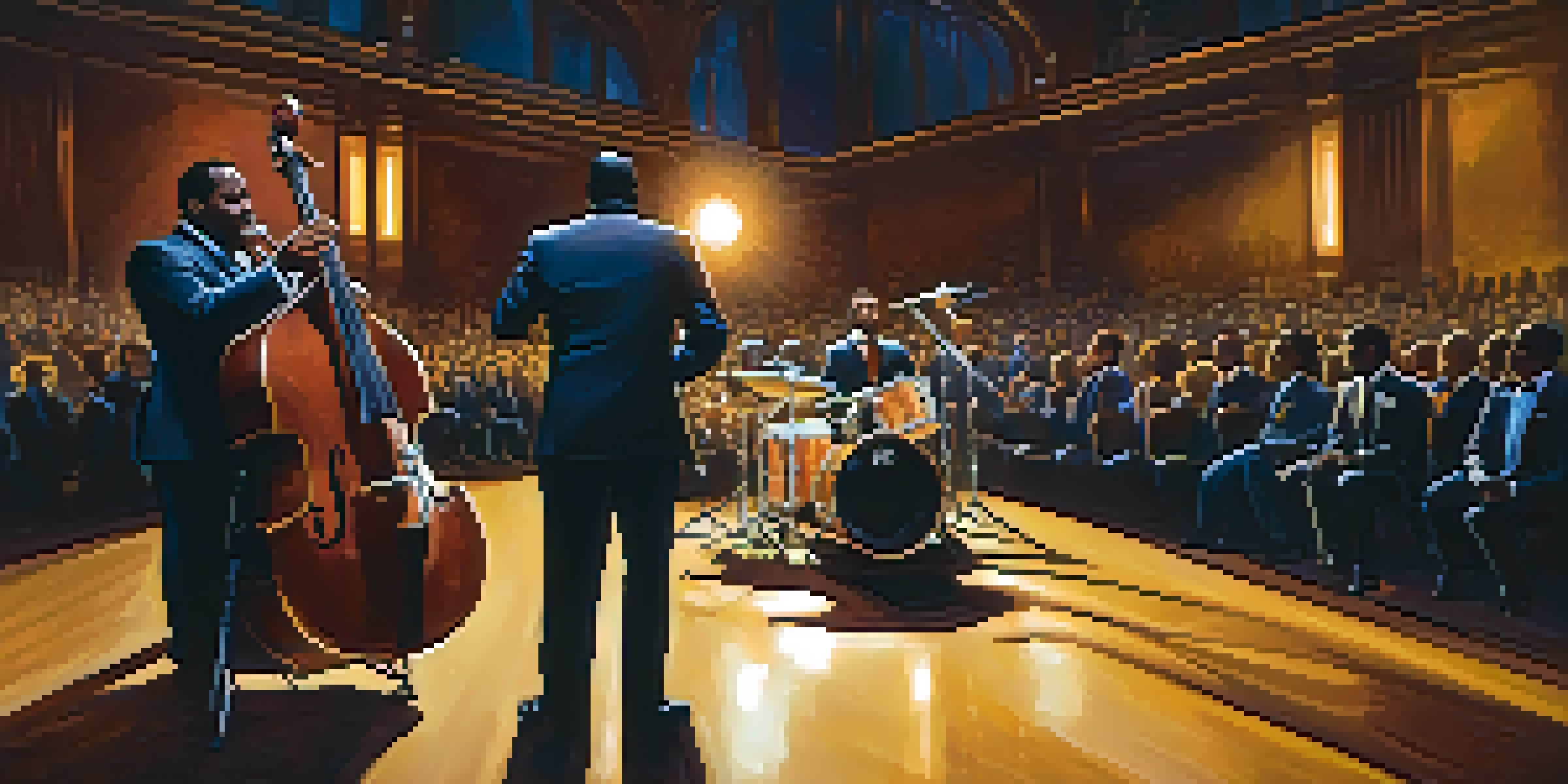 A jazz band performing on stage with a saxophonist and drummer, illuminated by warm stage lights.