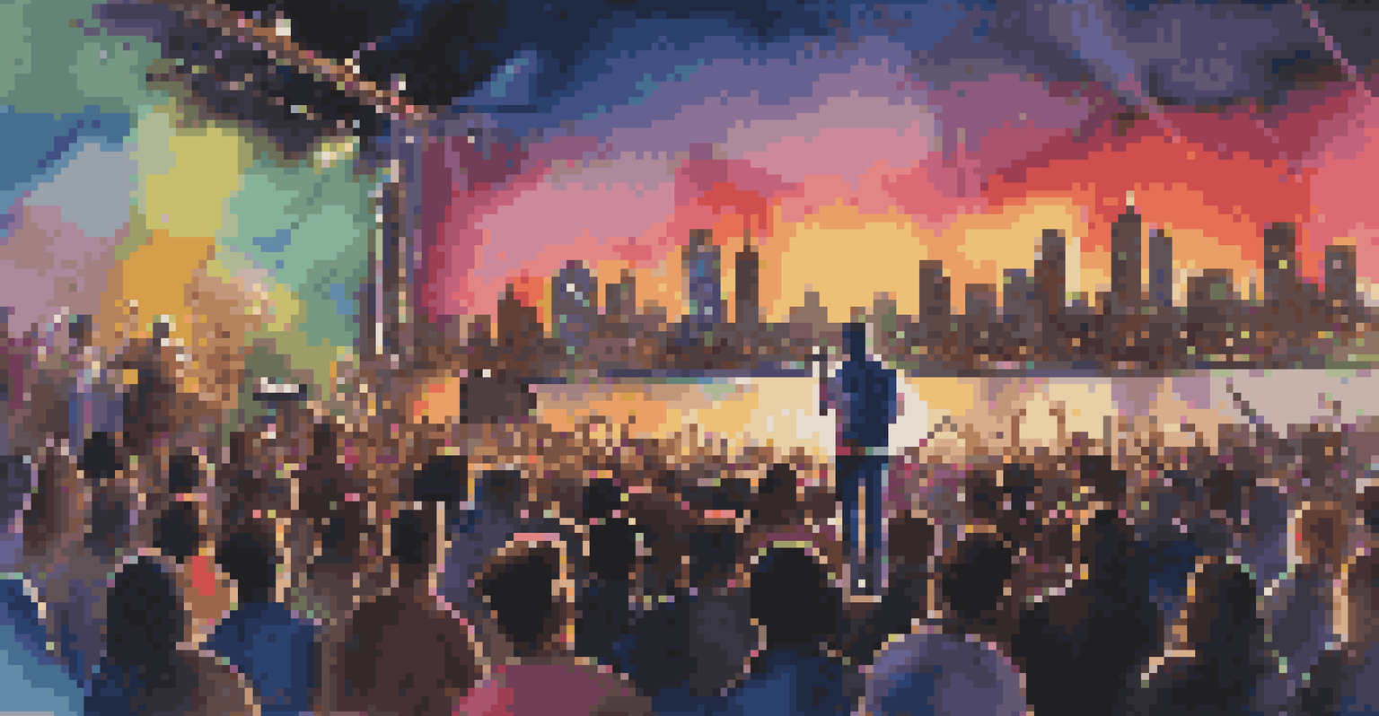 An artist performing live on stage with colorful lights, engaged audience in front, and a vibrant city skyline in the background at dusk.