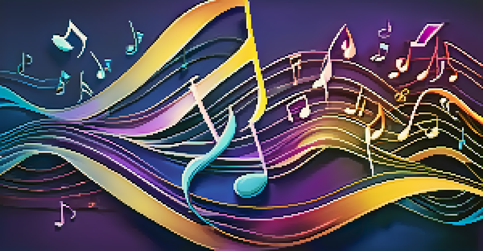 An abstract image of music notes and colorful waves against a starry background, representing the impact of music on time perception.