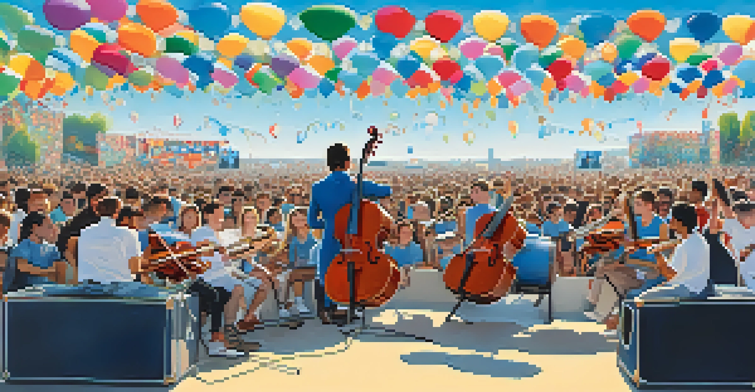 Students performing on stage at an outdoor music festival, dressed in matching outfits, with a captivated audience and festive decorations.