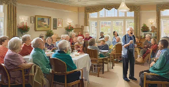 An elderly man singing with family and caregivers in a supportive environment.