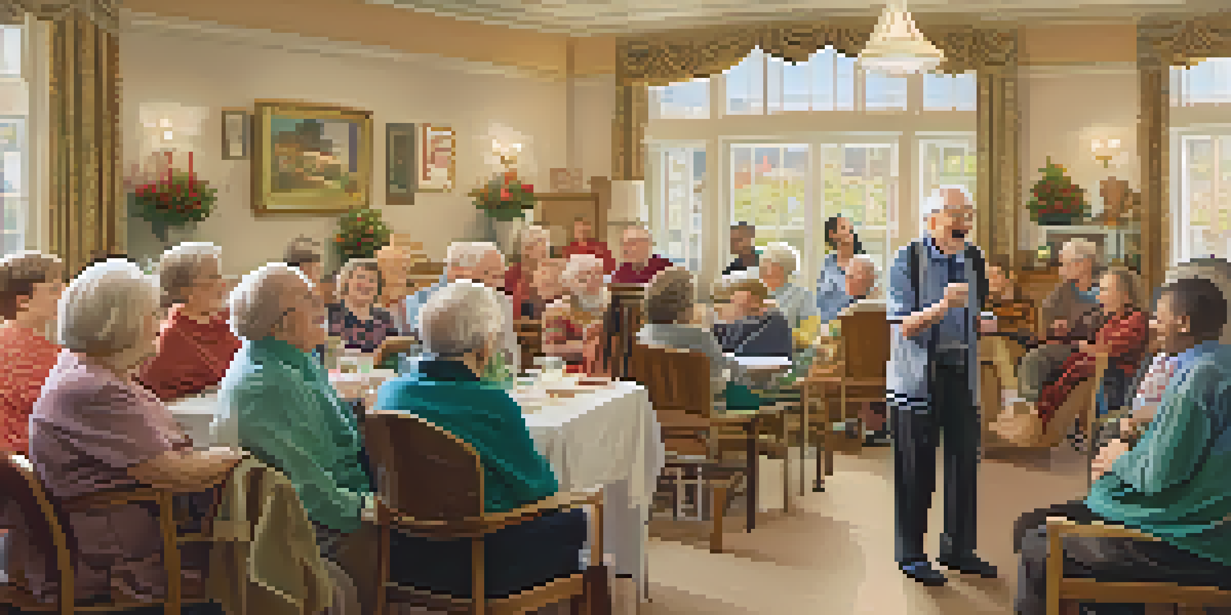An elderly man singing with family and caregivers in a supportive environment.