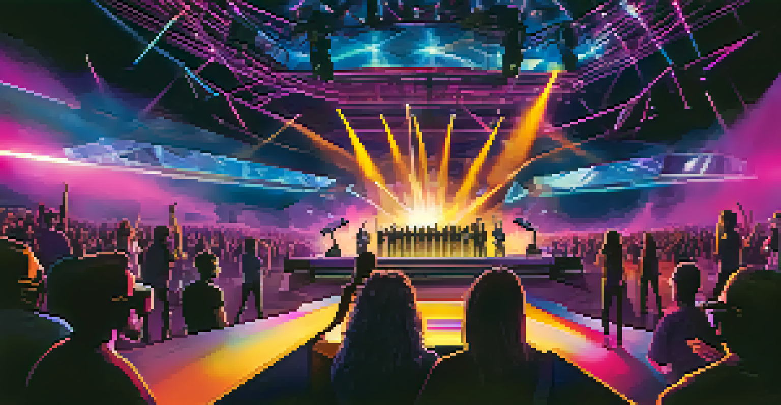 A virtual reality concert scene with fans in VR headsets interacting with a holographic band on stage, surrounded by colorful lights.