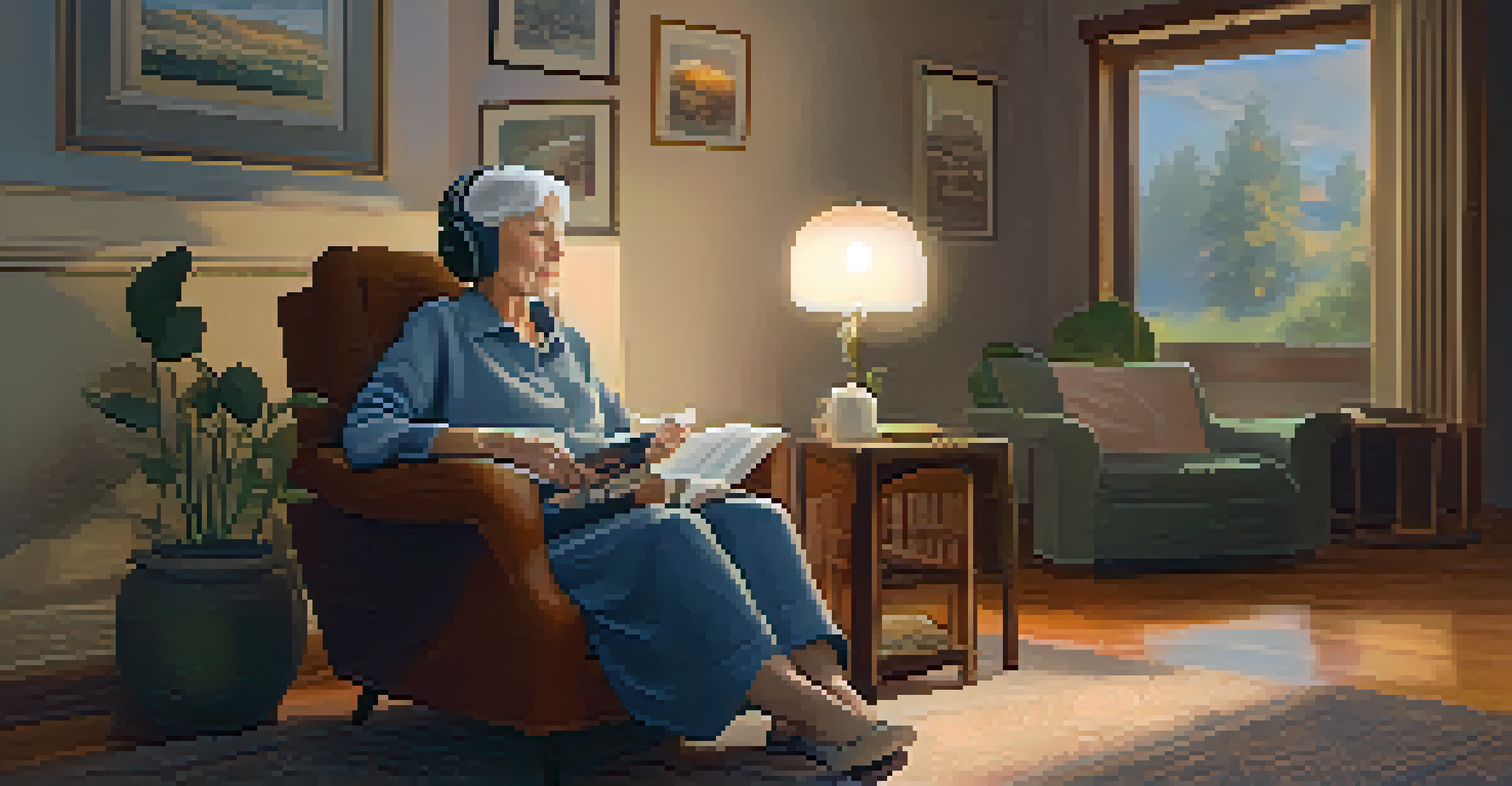 An elderly woman peacefully listening to music in a cozy living room, reflecting tranquility and emotional connection.