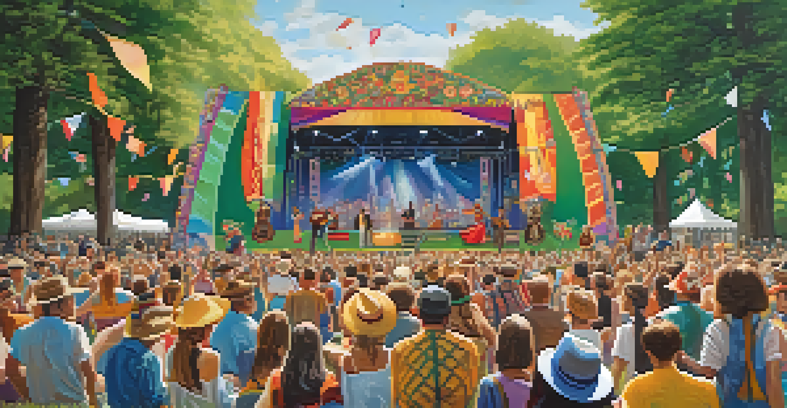 A vibrant folk music festival with performers on stage and an engaged audience dancing and clapping.