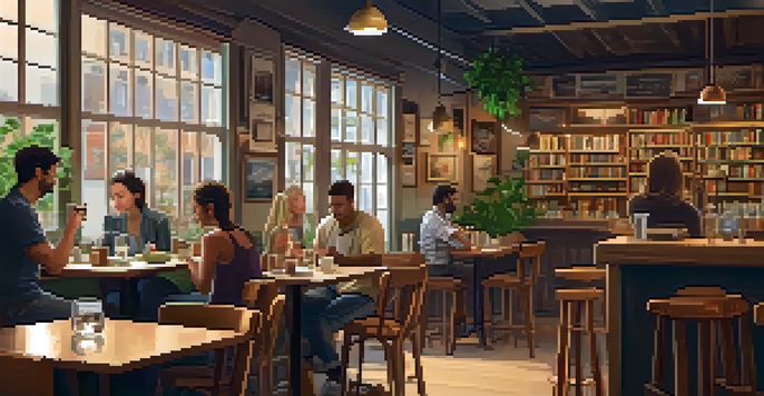 A musician playing an acoustic guitar in a cozy café, with patrons enjoying their drinks and a warm atmosphere.