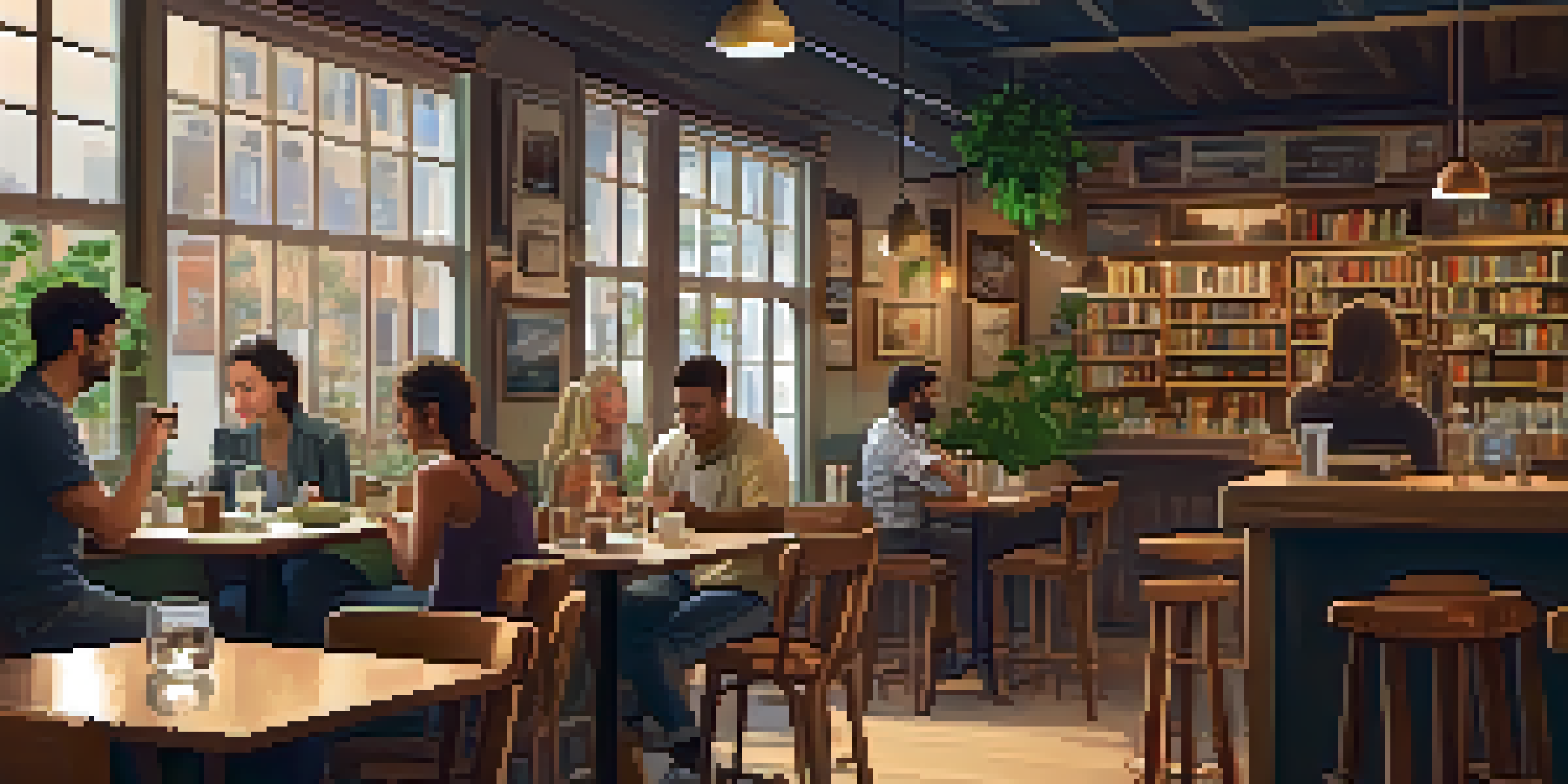 A musician playing an acoustic guitar in a cozy café, with patrons enjoying their drinks and a warm atmosphere.