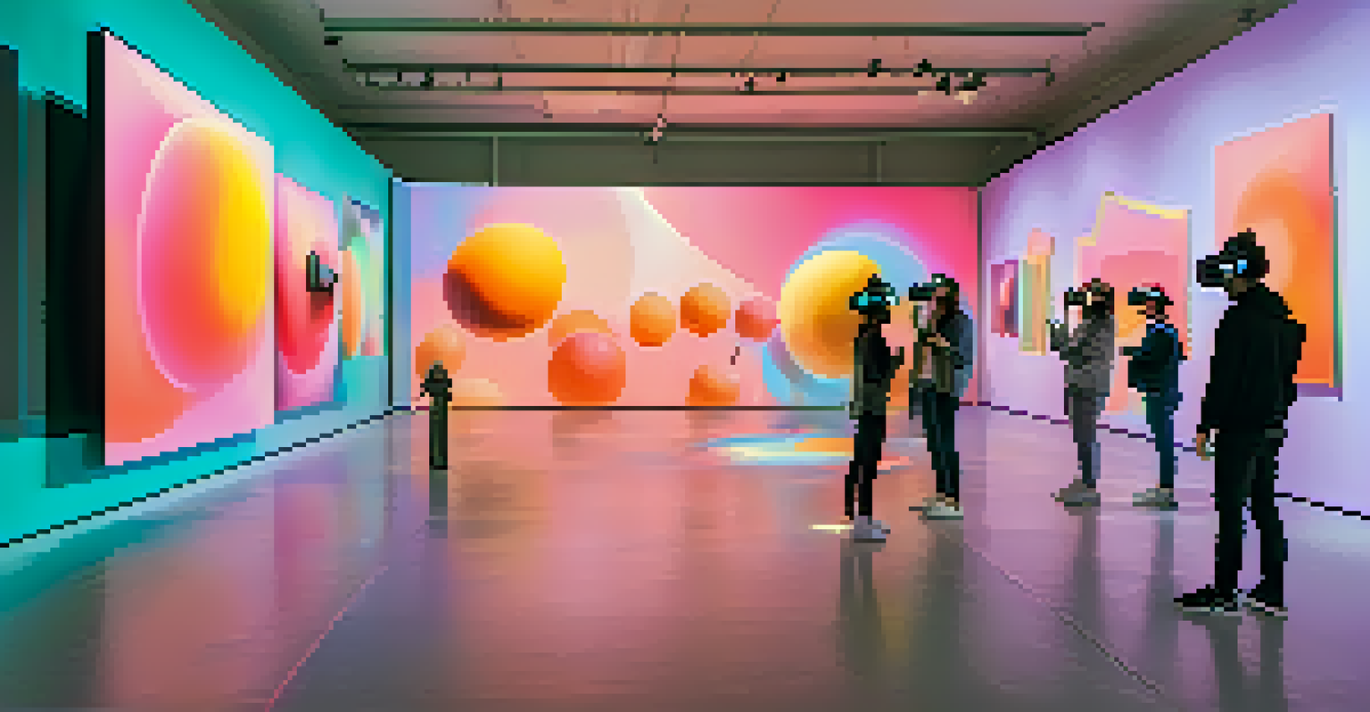 A virtual reality art gallery with changing colors and floating art pieces reacting to music, showcasing an immersive experience.