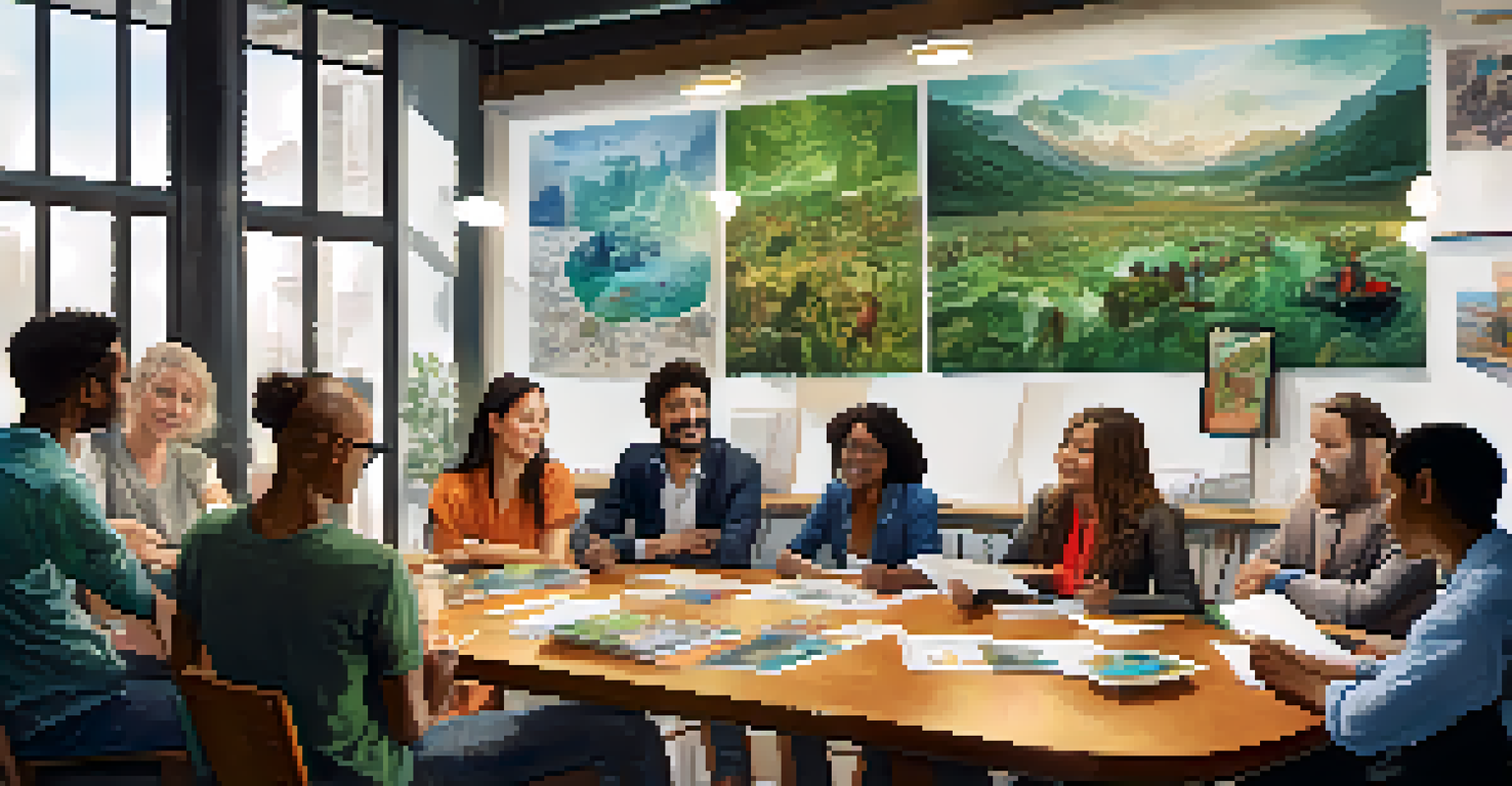 Musicians and NGO representatives brainstorming at a round table, with environmental campaign sketches and posters in the background, highlighting teamwork.