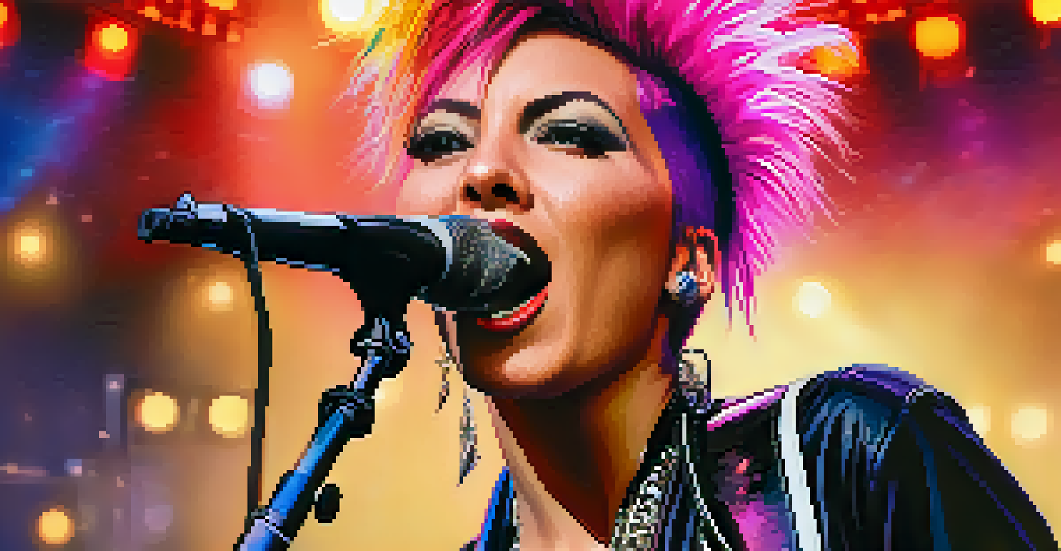 A female punk musician performing on stage, showcasing her colorful hair and intense expression while playing an electric guitar.