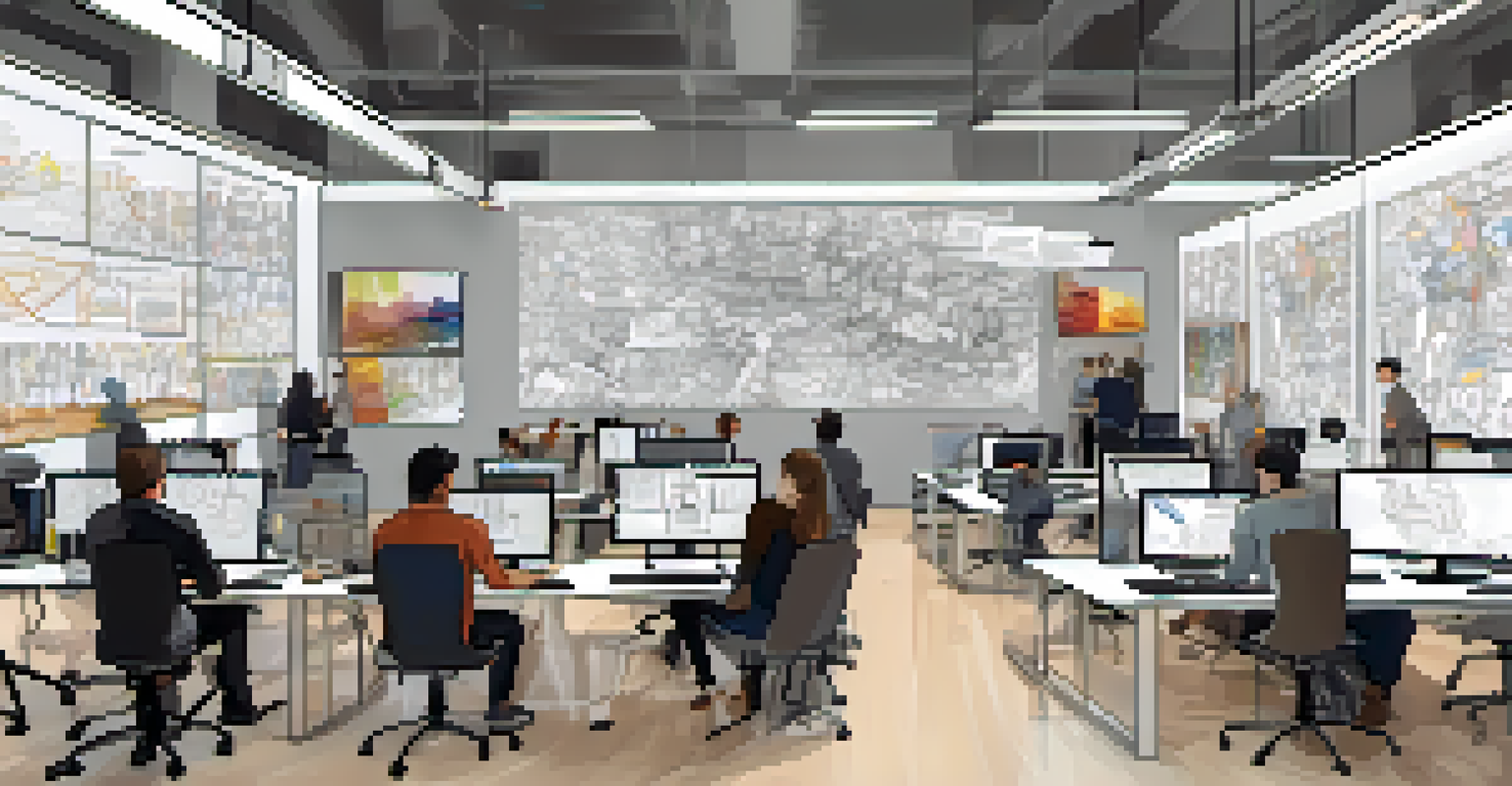 A collaborative workspace with artists and tech innovators discussing a creative project together.