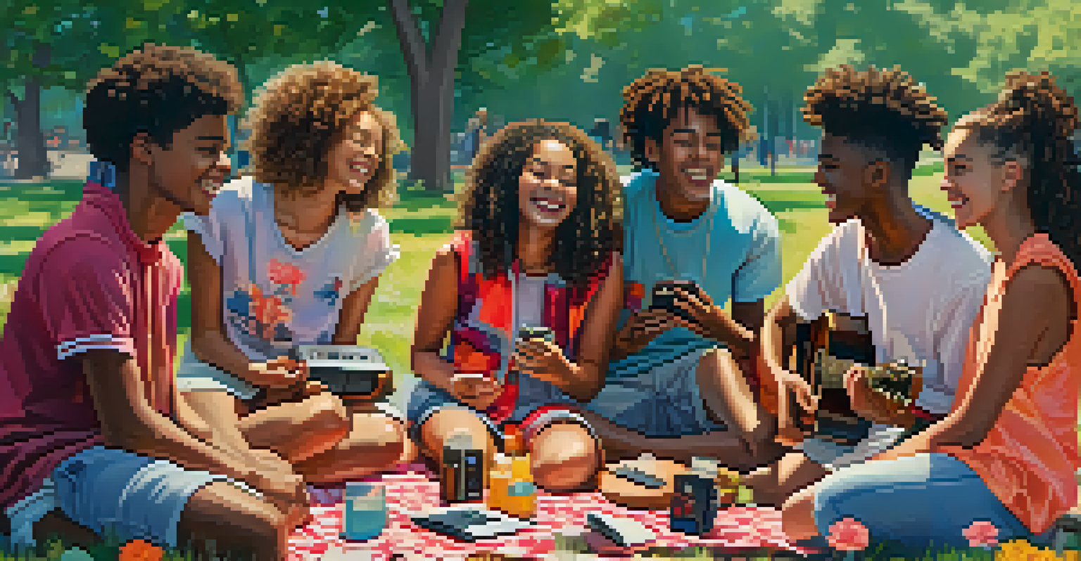 A group of teenagers enjoying music together on a picnic blanket in a park.