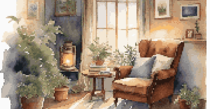 A cozy room with dim lighting, an armchair, a music player, and calming decor that promotes relaxation.