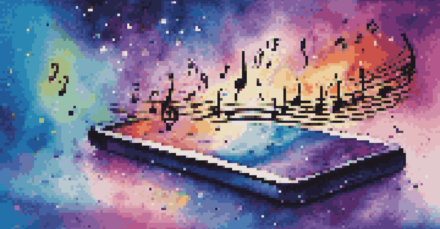 An abstract image of sound waves from a smartphone with colorful musical notes, set against a gradient background.