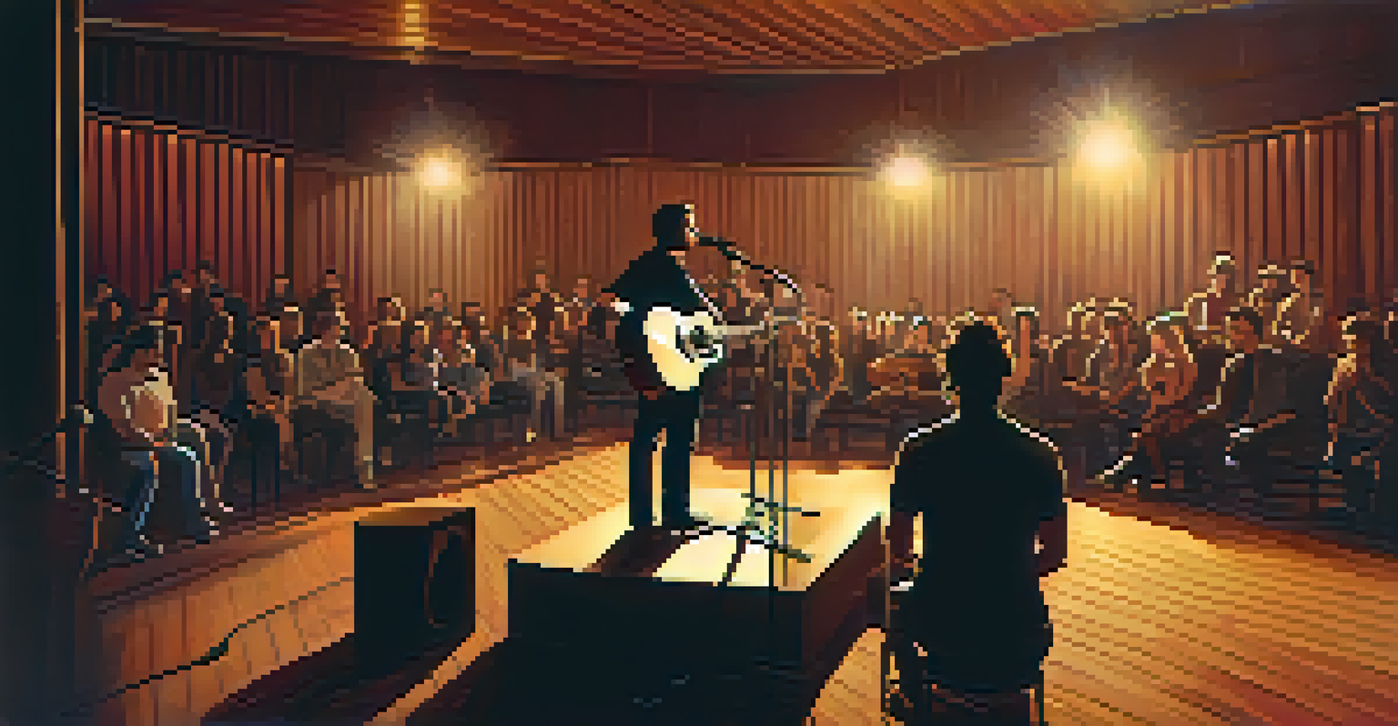 A small stage with a singer and guitarist performing, surrounded by an engaged audience in a warm, intimate setting.