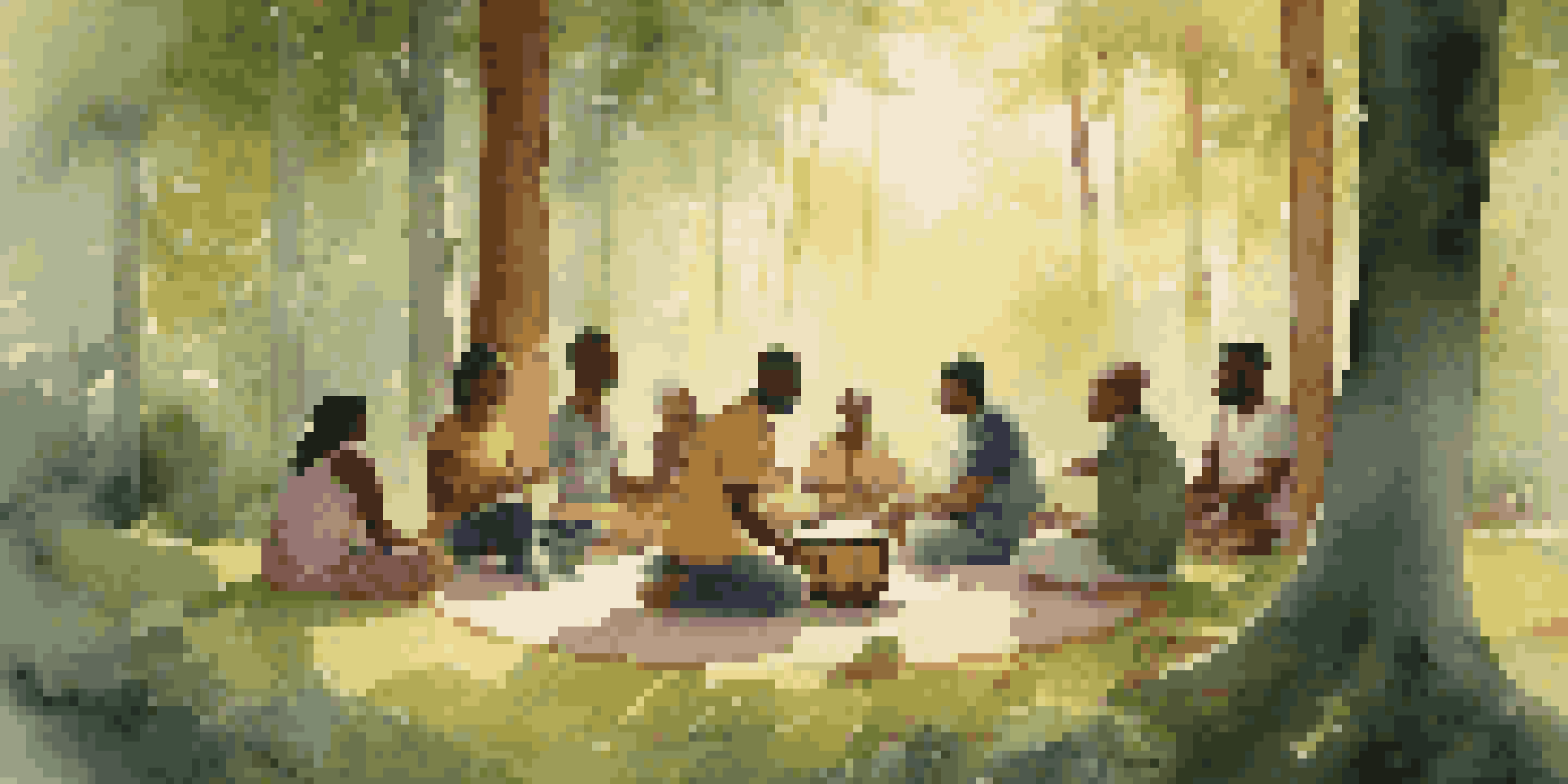 A diverse group of people sitting in a drumming circle in a tranquil forest at dusk, surrounded by trees and soft sunlight.