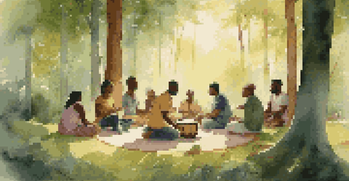 A diverse group of people sitting in a drumming circle in a tranquil forest at dusk, surrounded by trees and soft sunlight.