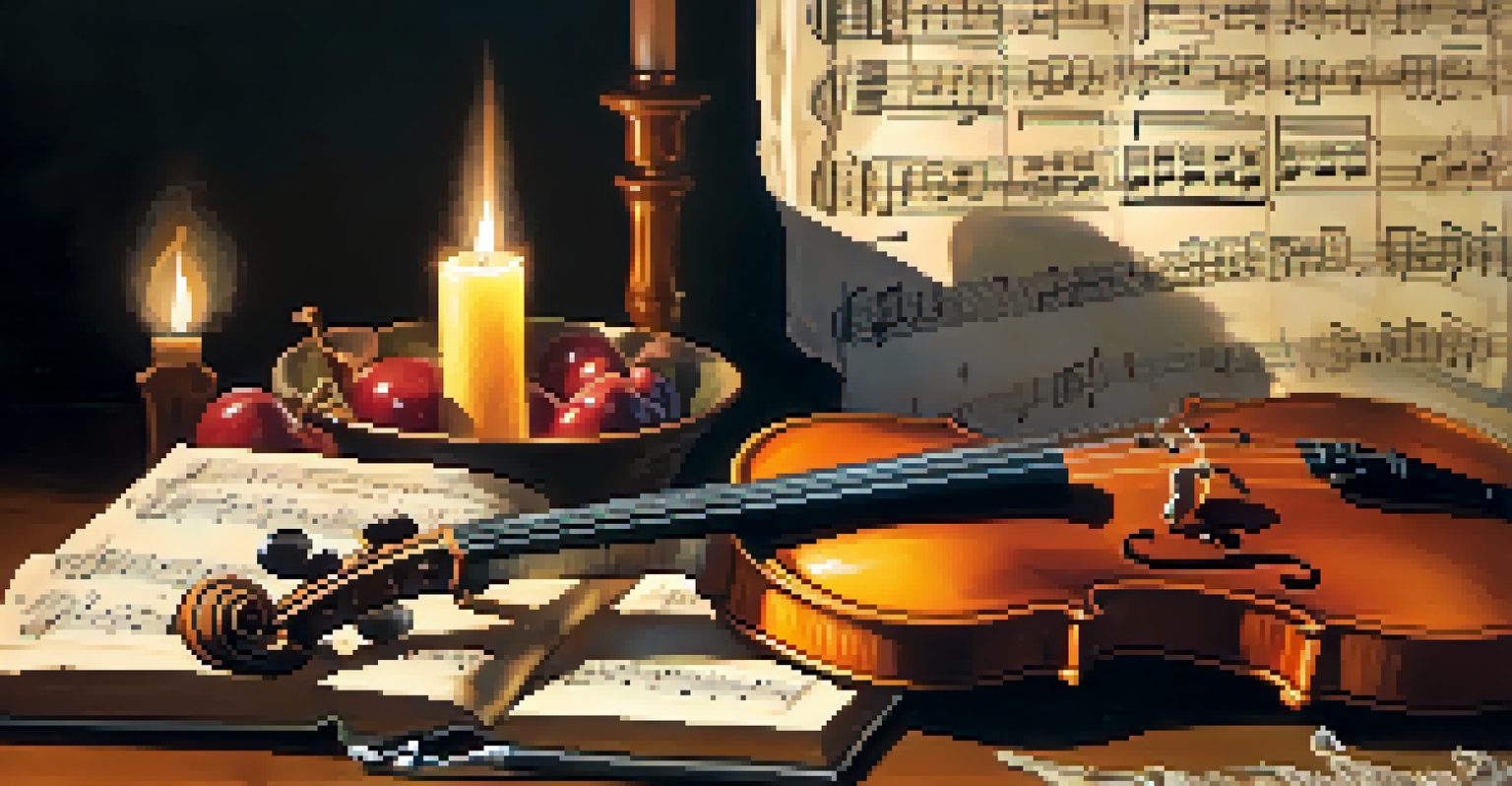 A collection of musical instruments and sheet music on a table.