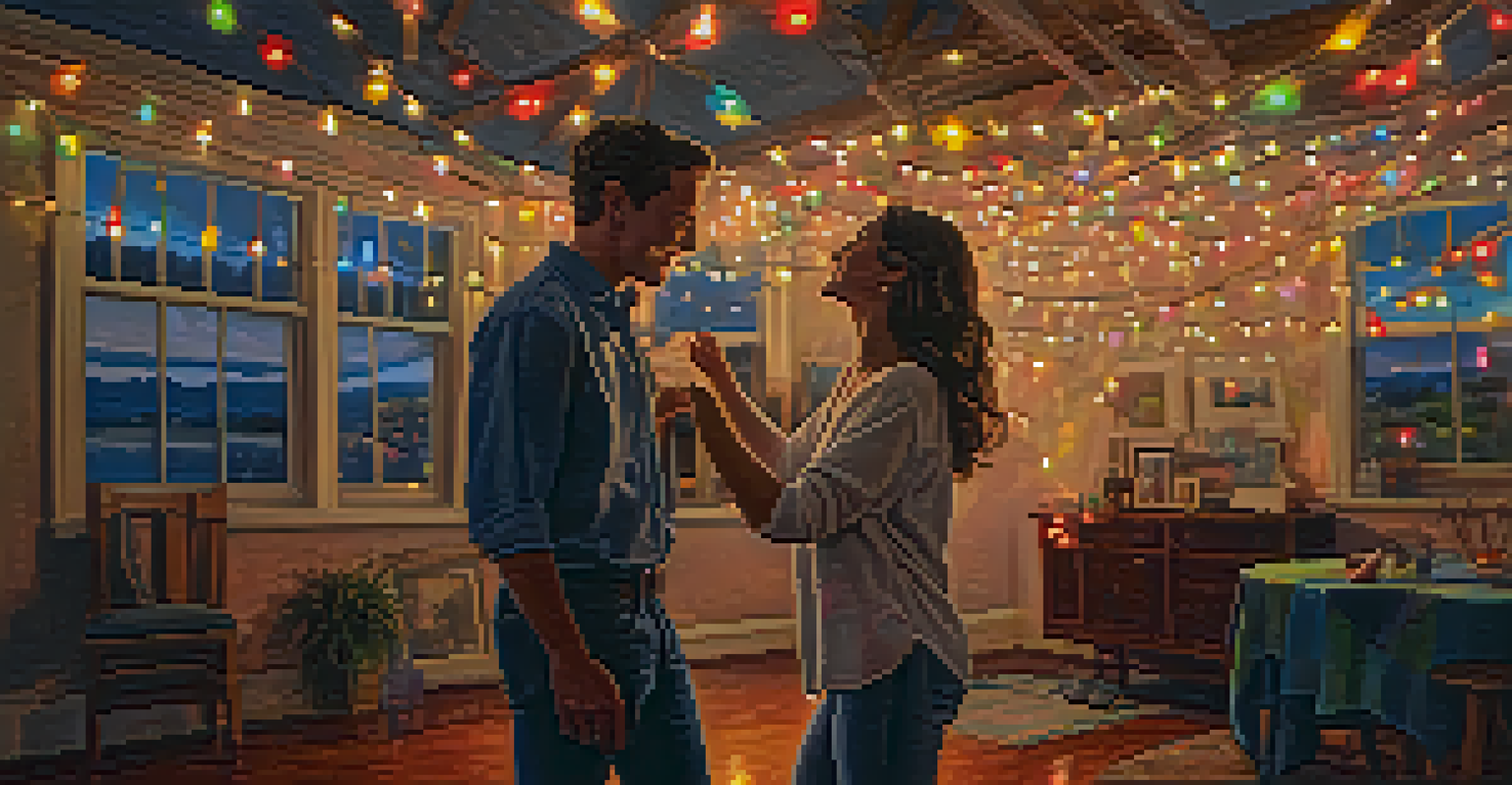 A young couple dancing under string lights, surrounded by photographs, creating a nostalgic and emotional atmosphere.