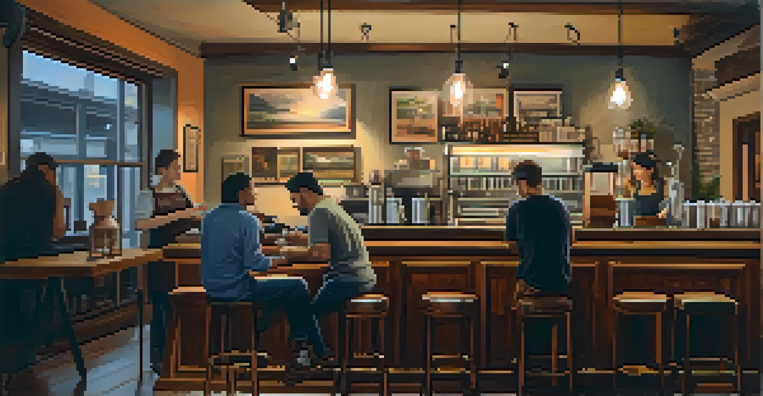 A cozy coffee shop with warm lighting, wooden furniture, and people enjoying their time.